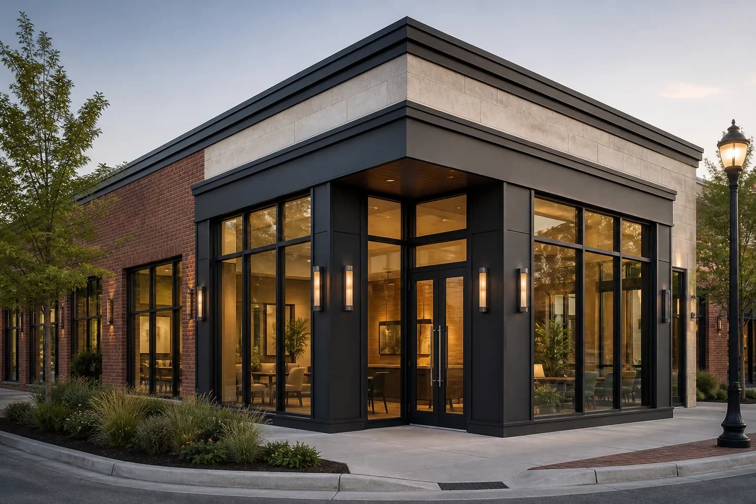 Commercial storefront and window system in a coordinated building elevation